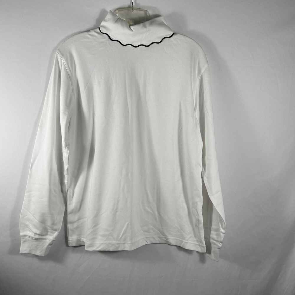 Appleseeds Women's White Mock Neck Long Sleeve Top with Green Trim